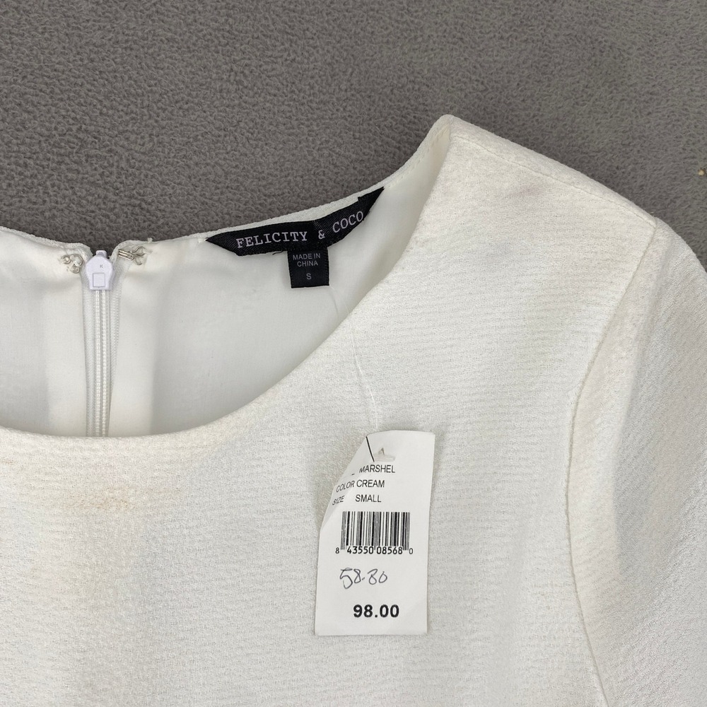 Felicity & Coco Marshel Cream Shift Dress 3/4 Sleeve Textured Crepe Small NEW - Picture 2 of 8